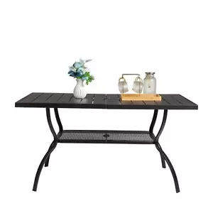 Outdoor Dining Table Patio Steel Slat Rectangle Table for 6-Person with Umbrella - Picture 1 of 12