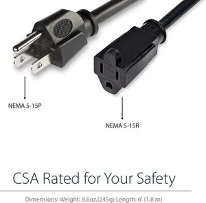 StarTech 2 m Netzverlängerungskabel, NEMA 5-15R auf NEMA 5-15P schwarz - Bild 1 von 7