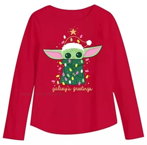Baby Yoda Girls Christmas Top T-Shirt Size 6-12 Star Wars Mandalorian Long Shirt - Picture 1 of 1