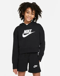 Nike Sportswear Club NWT Girl Black French Terry Cropped Hoodie Sweatshirt XL - Picture 1 of 6