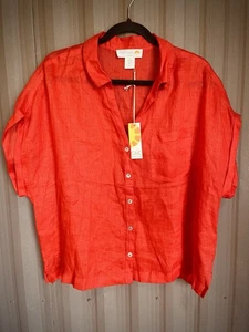 NWT C&C California 100% Linen Button Top Boxy Hot Coral Red Short Dolman Slv XL - Picture 1 of 8