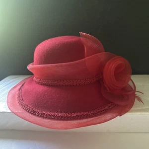 Vintage Red Wool Wide-Brimmed Hat with Meshed Ribbon & Rose Florette And Trim - Picture 1 of 9
