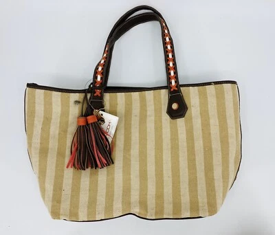 NUEVO CON ETIQUETAS Big Buddha Tostado Rayas Lona Cosida Nativa Bolso de Mano Bolso de Transporte Foto 1 de 4