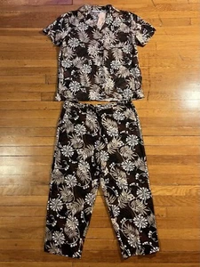 VINTAGE Dressbarn Silk Floral Shirt Pants Set Women’s L Brown Cruise Cabana 90s - Picture 1 of 22