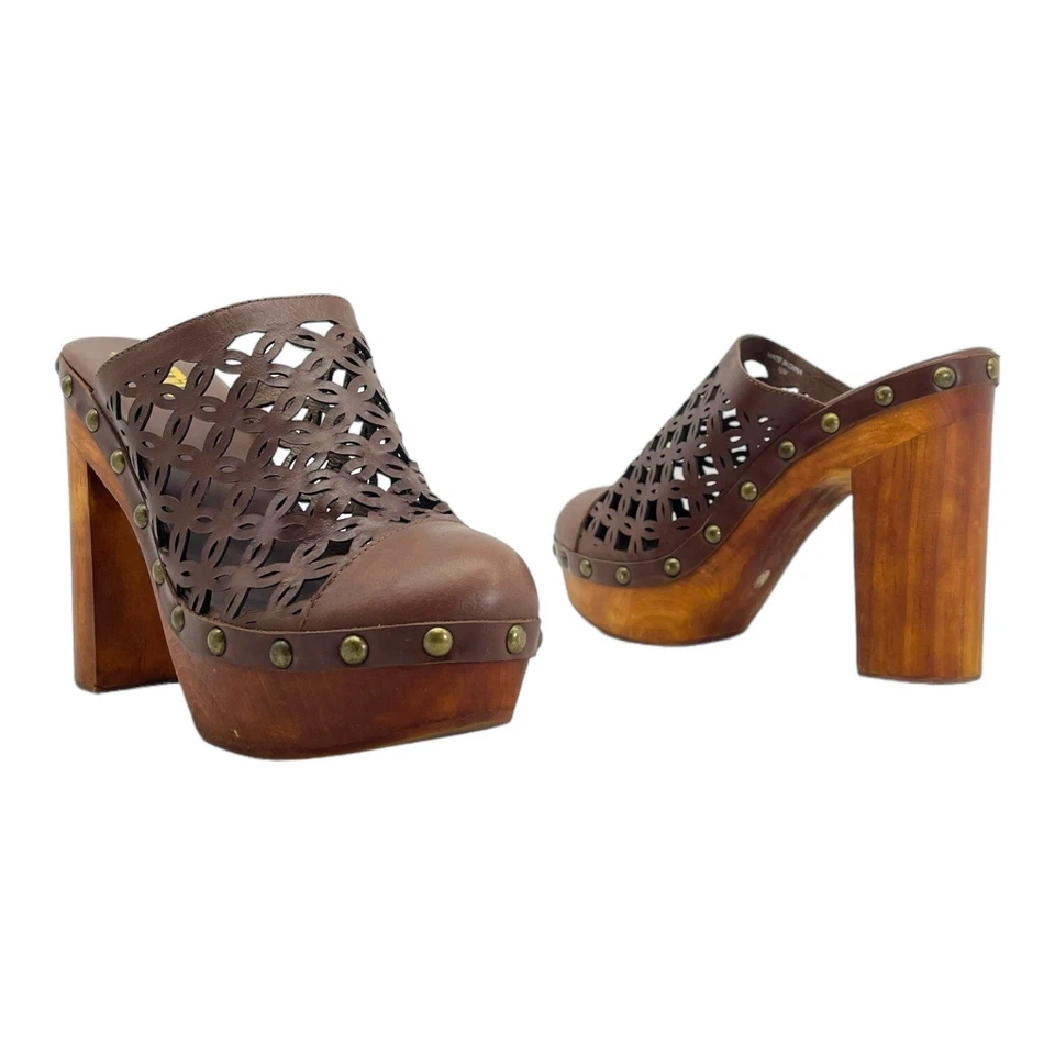 JEFFERY CAMPBELL Mujer 10 Mules Plataforma Cuero Tachonado Madera Tacón Perforado Foto 1 de 4