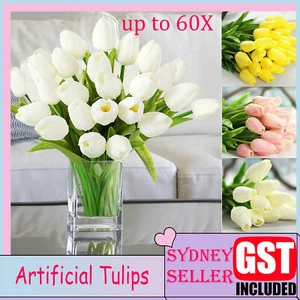UP TO 60pcs Artificial Fake Flower Real Touch Tulips Bouquet Home Bridal Wedding - Picture 1 of 13