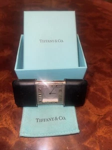 Tiffany & Co. Swiss Atlas Black Leather Travel Pocket Watch Rare Design Smooth - Picture 1 of 8