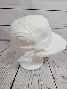 August White Summer Beach Straw Cloche Bucket Hat Women's One Size with Bow