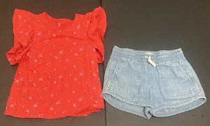 Girl's Gap & Crewcuts Outfit size 8 - Red Floral Top w/Chambray Shorts EUC - Picture 1 of 7