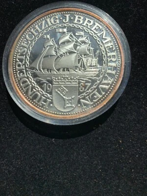 1987 GERMANY BREMERHAVEN 5OZ SILVER SAILING SHIP 160th Anniver. - Image 1 of 3