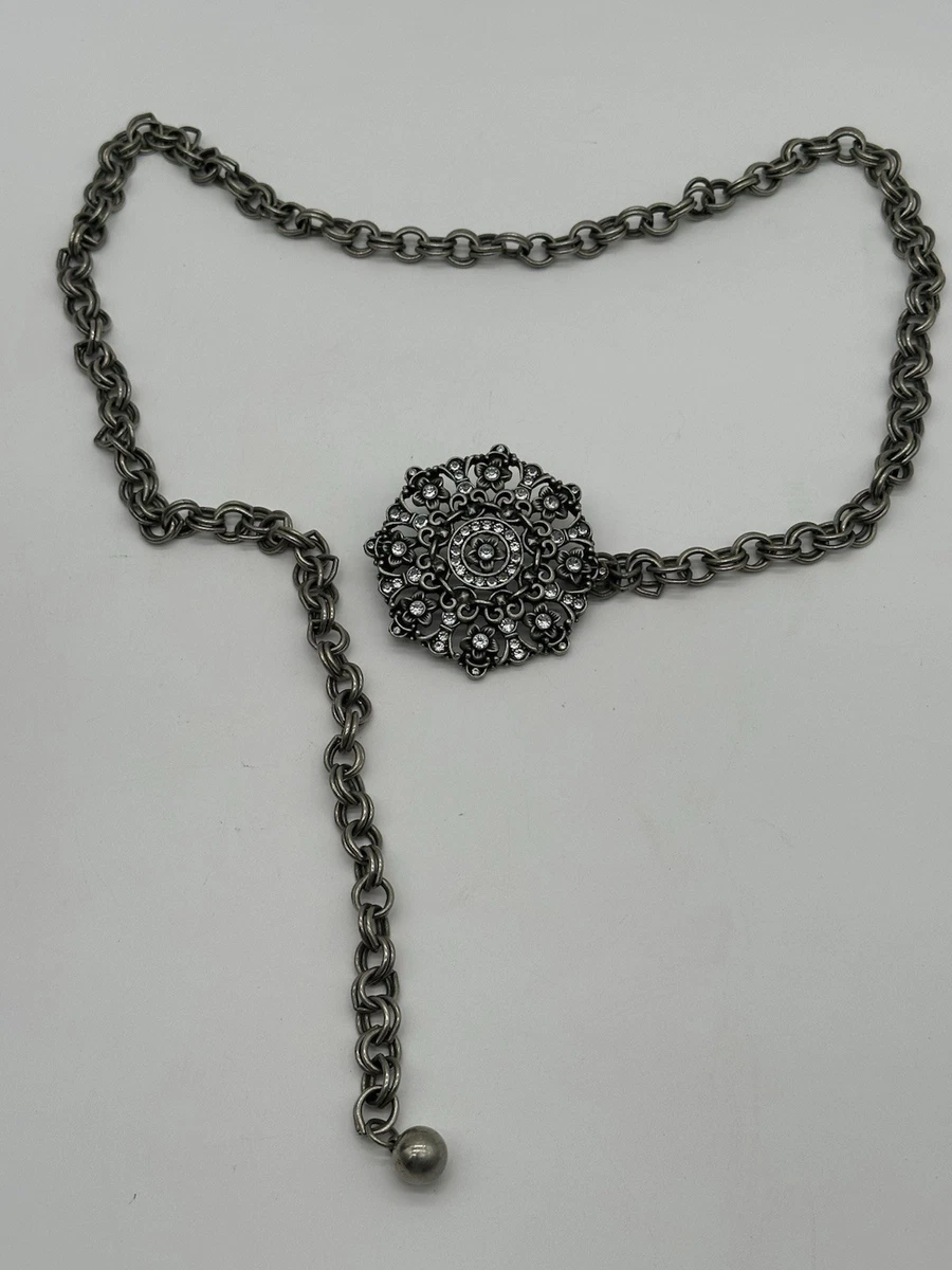 Vintage Silver Metal Rhinestones Flower Buckle Chain Belt | eBay display picture 3