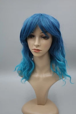 15" Long Straight Blue Wig Cosplay Costume Hair Full Bangs Hairpiece Anime - Image 1 of 4