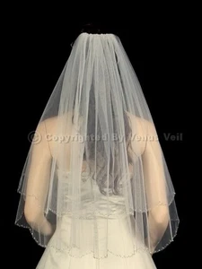 2T Ivory Bridal Elbow Length Silver Beaded Scalloped Edge Wedding Veil - Picture 1 of 4