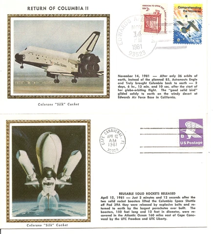 USA. Space Shuttle Columbia I and II. Lift off, Return. Colorano Silk Cachet Cover