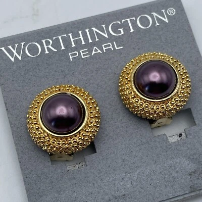 Vintage Round Faux Pearl Button Style Clip Earrings 80s Purple Gold Tone NEW - Image 1 of 4
