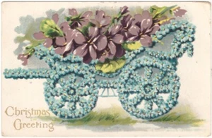 Christmas Greeting, Floral Cart, Purple Flowers, Antique Embossed Postcard - Picture 1 of 2