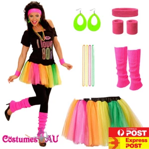 Ladies 80s Costume Set 1980s Party Girl T-shirt Rainbow Skirt Girls Fancy Dress - Picture 1 of 6