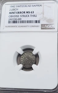 1842 Switzerland Rappen Zurich Mint. NGC MS 63. Mint Error -Obverse Struck Thru - Picture 1 of 2