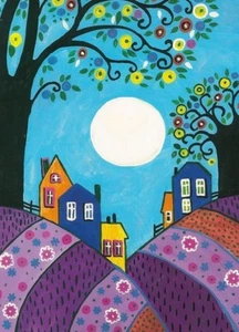 ACEO FOLK ART PRINT OF PAINTING RYTA LAVENDER HILLS ABSTRACT PRIMITIVE COUNTRY - Picture 1 of 1