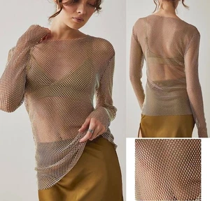 FREE PEOPLE Intimately Mesh Crystal Long Sleeve Top Beige Gold Sz Small NWOT - Picture 1 of 8