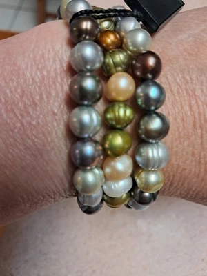 NWT HONORA Freshwater Cultured Pearl Stretch Bracelet 3 Piece Green Silver Brown - Image 1 of 4
