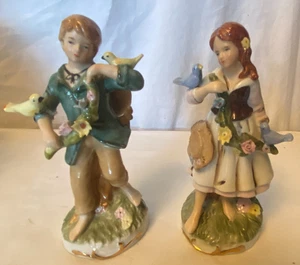 PAIR OF CONTINENTAL PORCELAIN FIGURES Boy & Girl with Flowers & Birds P & Crown - Picture 1 of 7