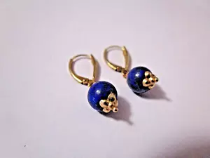 14k Yellow Gold and Genuine Blue Lapis 7MM Bead Lever Back Earrings - Picture 1 of 5