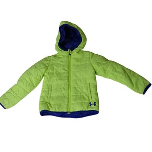 Under Armour Hooded Puffer Jacket Kids Size 4 Neon Green and Blue Long Sleeve - Picture 1 of 7