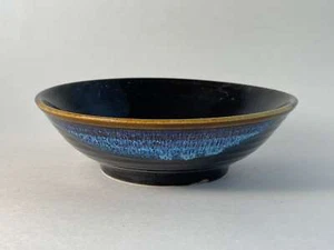 Blue Dipped Ceramic Dish, Blue and Black Glazed Trinket Bowl, Vintage Handmade - Picture 1 of 8