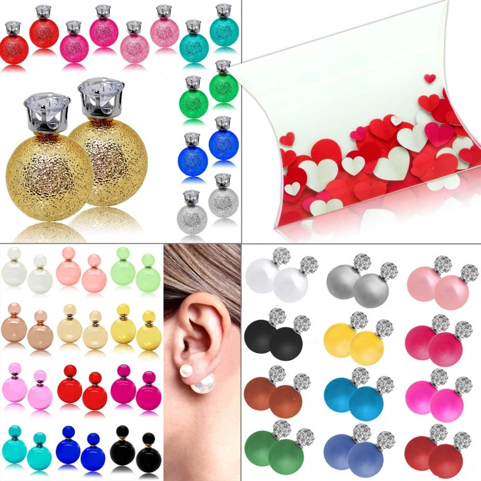Ohrstecker Perlen Doppel Kugel Ohrringe Shamballa Strass Damenschmuck Herz Etui - Bild 1 von 1