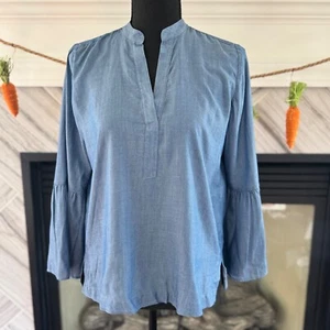 Ann Taylor LOFT Chambray Blouse Bell Sleeve Split Neck Top XXS - Picture 1 of 4