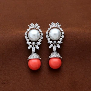 Pendientes colgantes para mujer Elegance de perlas de coral circonita cúbica - Imagen 1 de 5