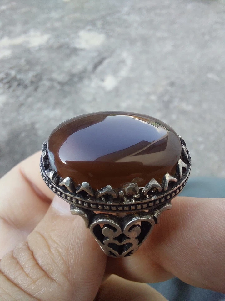Anillo de Plata Ágata Aqeeq Yemení Sulimani MARRÓN GRANDE Anillo Akik Hecho a Mano Sufi Hombres Foto 1 de 4