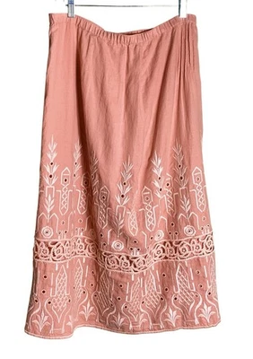 Falda J Jill Talla Mediana Lino Midi Bordada Costera Cottagecore Salmón Nueva Foto 1 de 4