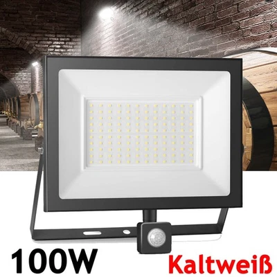 LED Fluter 100W Außen Strahler mit Bewegungsmelder Kaltweiß Scheinwerfer Lampe - Bild 1 von 4