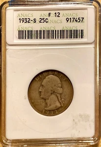 1932-S Washington Quarter Old Soapbox Holder ANACS F12 - Picture 1 of 4
