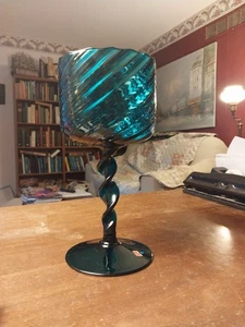 Vintage Italian MCM Empoli teal Twisted Ribbon Stem compote pedestal blown glass - Picture 1 of 8