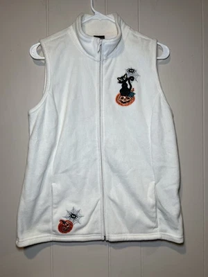 Holiday Editions Womens White Halloween Vest Size Small Black Cat Pumpkin - Image 1 of 4