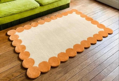 Cream Orange Hand Tufted Area Rug 5x8 Modern Scalloped Border Irregular Shape - Image 1 of 4