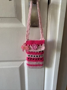 Crochet Phone Bag / Case / Holder Pink And Neon Pink With Flower Button - Picture 1 of 7