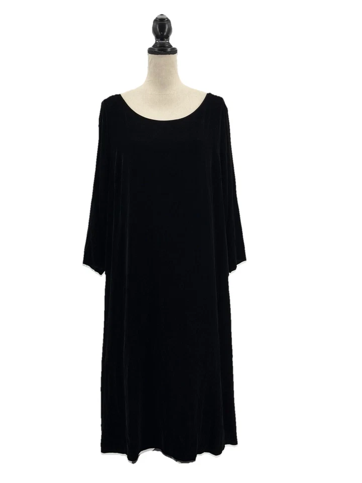Vestido midi de terciopelo negro Eileen Fisher para mujer talla grande 2X cuello barco mangas 3/4 Foto 1 de 4