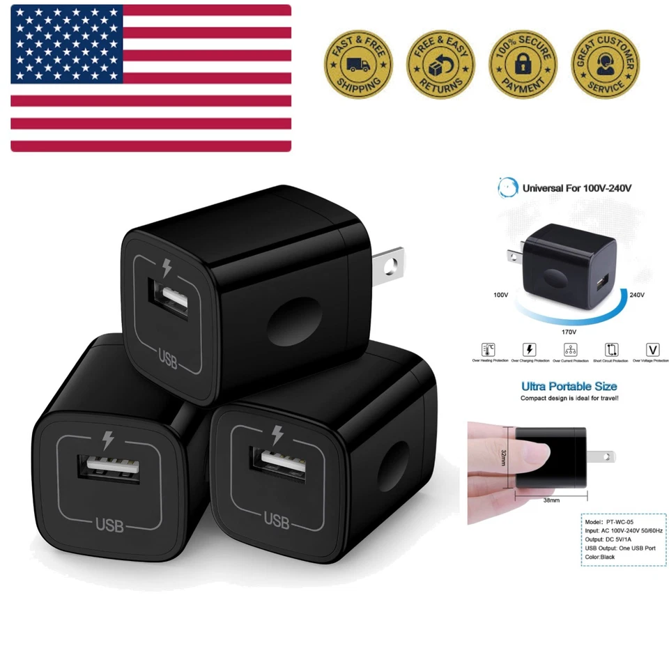 Wall Charger Cube 1a/5v Single Port USB Plug 3 Pack 3 Pure Black