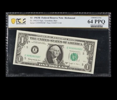 1963-B FR. 1902-E $1 FEDERAL RESERVE NOTE PCGS BANKNOTE 64 PPQ SUPER REPEATER  - Image 1 of 2