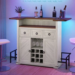 Farmhouse Bar Cabinet with Glasses Holder Liquor Bar Wine Storage Table with LED - Picture 1 of 9