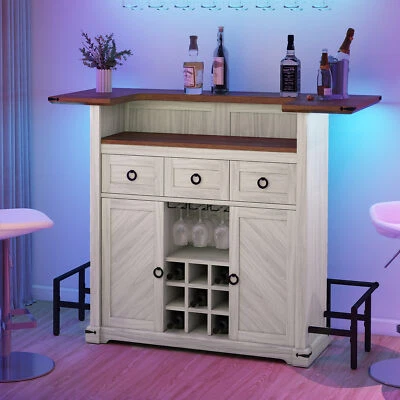Farmhouse Bar Cabinet with Glasses Holder Liquor Bar Wine Storage Table with LED - Image 1 of 4