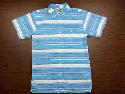 Haband Travelers Shirt Mens Small Button Short Sleeve Blue White Striped Collar - Image 1 of 4