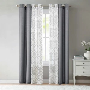 Solid Print Sheer Grommet Curtain Set, 4-Piece, Gray - Picture 1 of 6
