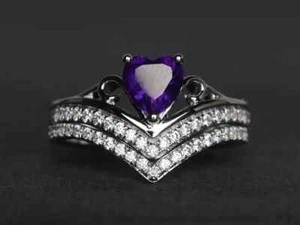 2 Heart Cut Lab-Created Amethyst Wedding Bridal Ring Set 14K White Gold Plated - Picture 1 of 6