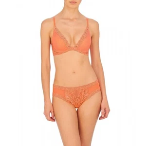 Natori FEATHERS Cantaloupe Orange Lace UW Contour Plunge Bra 32D & Hipster S - Picture 1 of 9