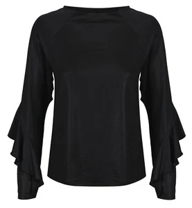 New Ruffled Sleeve Top Famous Store Womens Shiny Black Ruffle Party Blouse - Picture 1 of 2